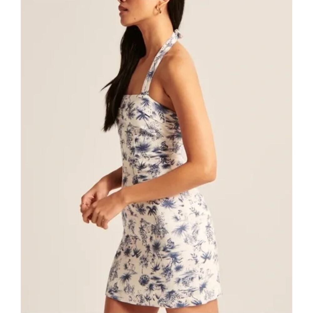Abercrombie & Fitch Halter Mini Dress Linen Blend Tropical Toile Floral White - Picture 2 of 12